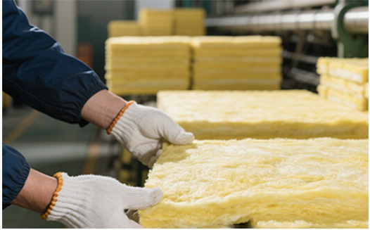 Glass wool insulation material being handled